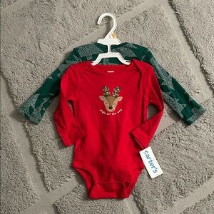 **New Item In! NEW Carter's Festive Red and Green Reindeer & Tree Bodysuit Set